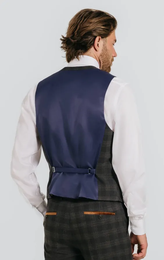Charcoal Heritage Check with Brown Trim Vest | Dobell