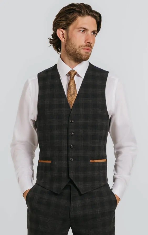 Charcoal Heritage Check with Brown Trim Vest | Dobell