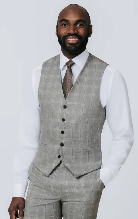 Taupe Check 3 Piece Suit with Peak Lapel - photo 7