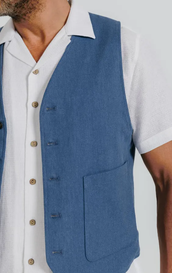 Blue Linen Herringbone Vest - photo 2