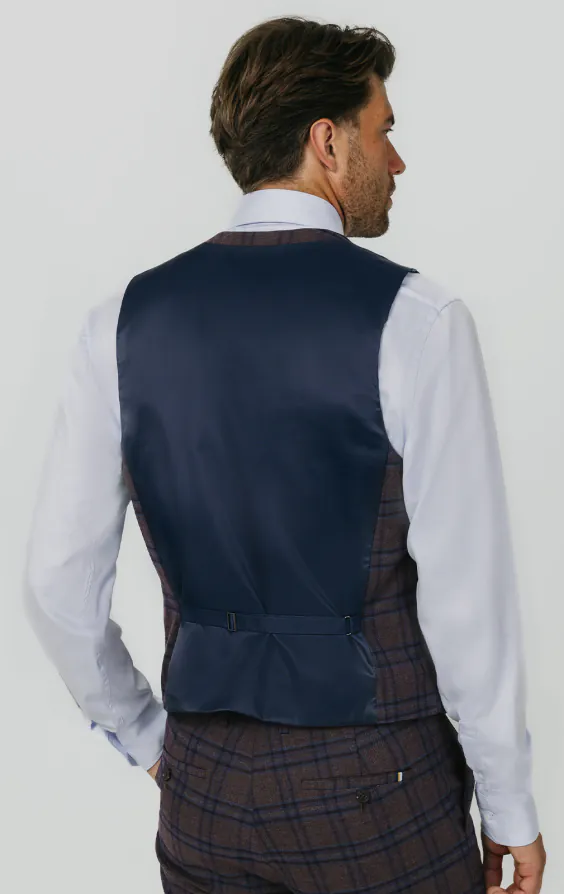 Burgundy with Blue Windowpane Check Double Breasted Vest - photo 2