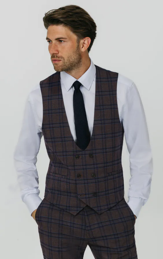 Burgundy with Blue Windowpane Check Double Breasted Vest