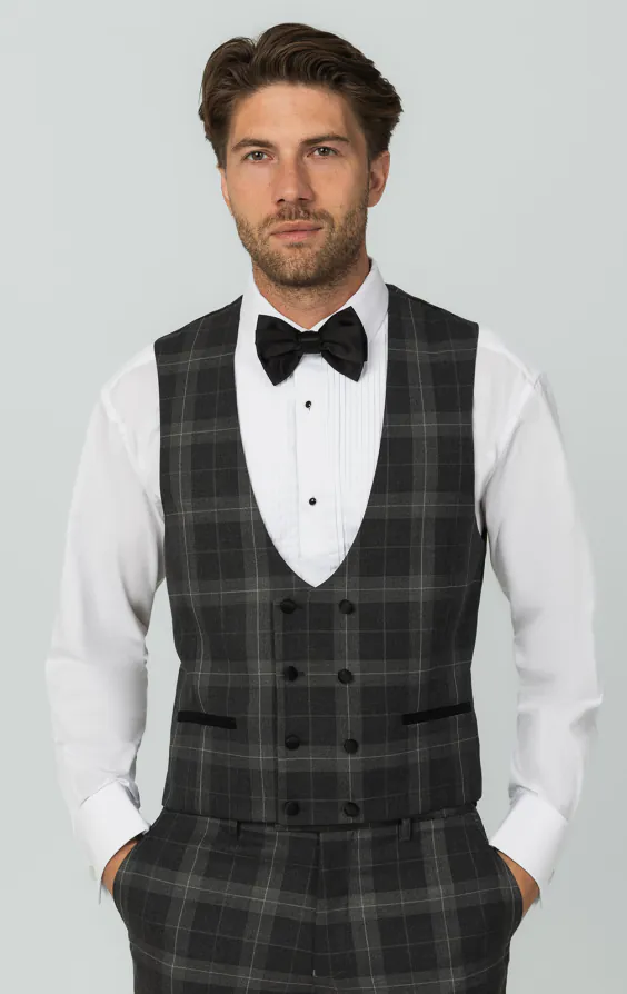Gray Tartan Check Double Breasted Horseshoe Vest