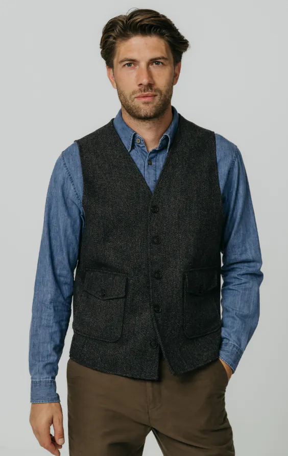 Gray Barleycorn Tweed Vest with Patch Pockets Gray Barleycorn Tweed Vest with Patch Pockets