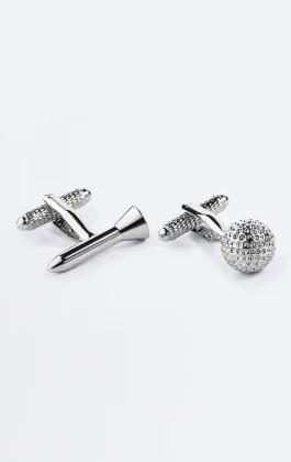 Silver Colored Golf Ball and Tee Cufflinks