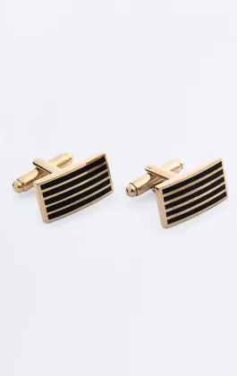 Gold and Black Colored Rectangle Cufflinks and Necktie Clip