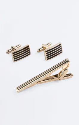Gold and Black Colored Rectangle Cufflinks and Necktie Clip