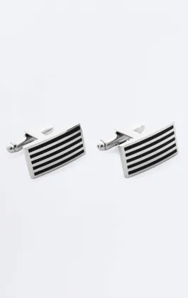 Silver and Black Colored Rectangle Cufflinks and Necktie Clip