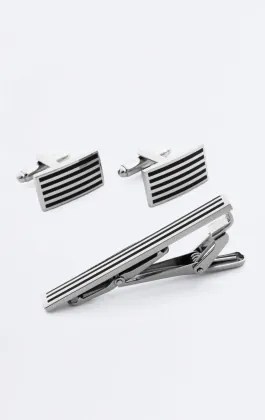 Silver and Black Colored Rectangle Cufflinks and Necktie Clip