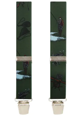 Dark Green Fishing Scene Suspenders