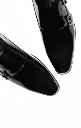 Black Patent Double Monk Tuxedo Shoes
