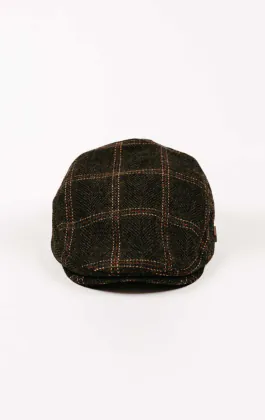 Olive Green Twill Check Flat Cap