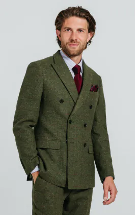 Double Breasted Green Windowpane Check Tweed Jacket | Dobell