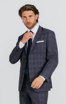 Gray and Blue Check with Navy Trim Suit Jacket