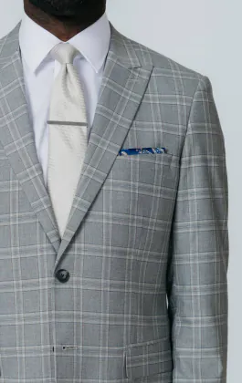 Gray with Tan Check Suit Jacket with Peak Lapel
