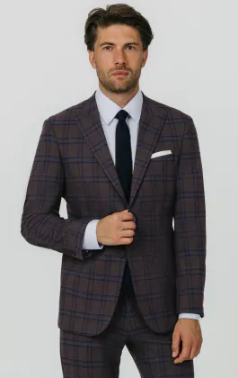 Burgundy with Blue Windowpane Check Suit Jacket