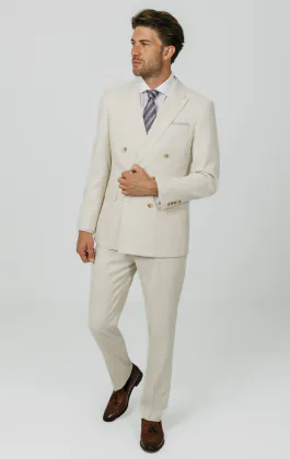 Winter White Twill Double Breasted Suit Jacket with Peak Lapel