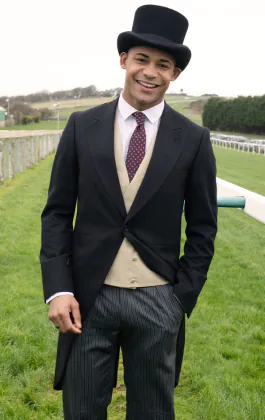 Black Wool Herringbone Morning Suit with Striped Pants