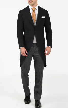 Black Wool Herringbone Morning Suit with Striped Pants