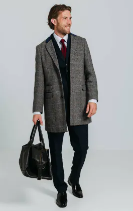 Gray and Blue Check Tweed Wool Blend Overcoat with Velvet Trim