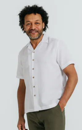 White Waffle Cuban Collar Short Sleeve Cotton Shirt