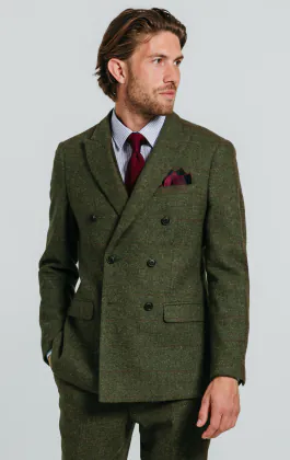 Double Breasted Green Windowpane Check Tweed Suit