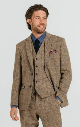 Harris Tweed of Scotland Brown Windowpane Check Tweed Suit
