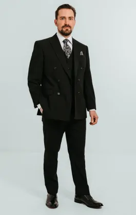 Black Double Breasted 3 Piece Suit with Peak Lapel | Dobell