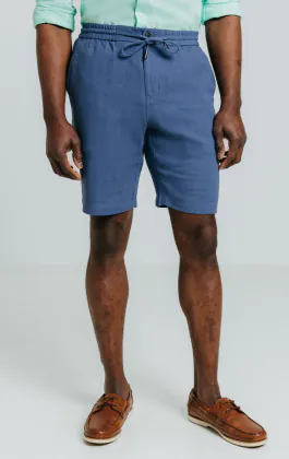 Blue Linen Herringbone Shorts