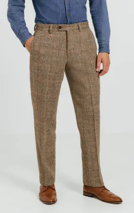 Harris Tweed of Scotland Brown Windowpane Check Tweed Suit Pants