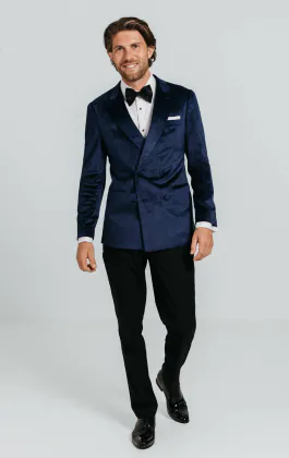 Double Breasted Navy Velvet Tuxedo with Black Pants