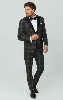 Gray Tartan Check 3 Piece Tuxedo with Peak Lapel