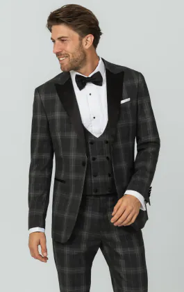 Gray Tartan Check 3 Piece Tuxedo with Peak Lapel