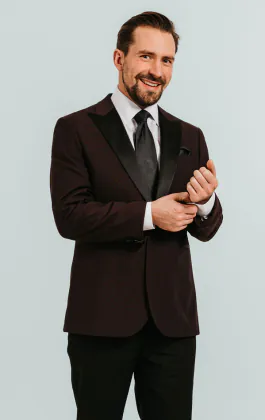 Burgundy Tuxedo with Peak Lapel & Black Pants