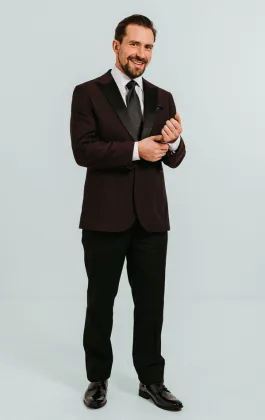 Burgundy Tuxedo with Peak Lapel & Black Pants