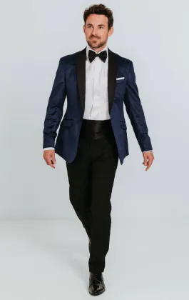 Navy Paisley Velvet Tuxedo with Black Pants