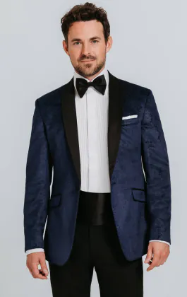 Navy Paisley Velvet Tuxedo with Black Pants