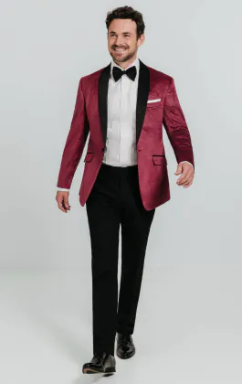 Burgundy Paisley Velvet Tuxedo with Black Pants