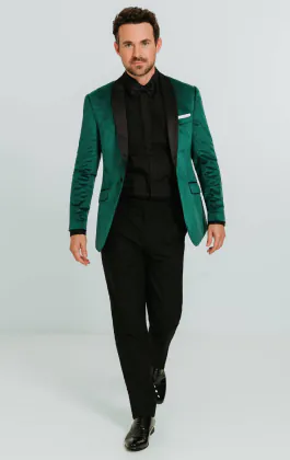 Dark Green Slim Fit Velvet Tuxedo with Black Pants