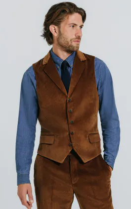 Mid Brown Corduroy Vest with Notch Lapel | Dobell