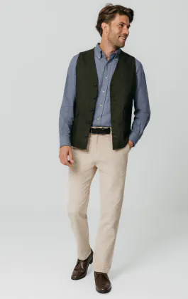 Green Herringbone Tweed Vest with Patch Pockets