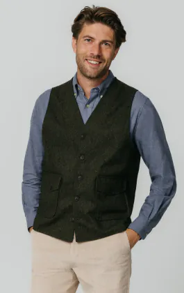 Green Herringbone Tweed Vest with Patch Pockets