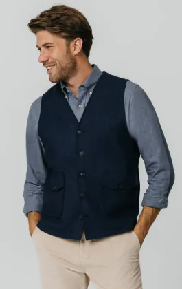 Navy Herringbone Tweed Vest with Patch Pockets