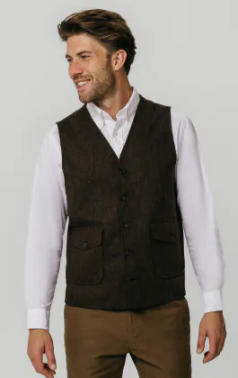 Brown Barleycorn Tweed Vest with Patch Pockets